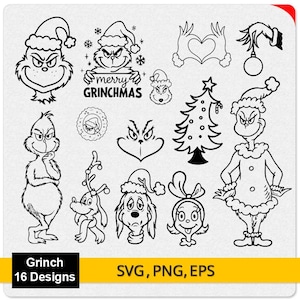 Peut inclure: Une collection de 16 motifs sur le thème du Grinch en noir et blanc. Les motifs comprennent divers personnages du Grinch, un sapin de Noël et le texte "merry GRINCHMAS". L'image comprend également le texte "SVG, PNG, EPS".