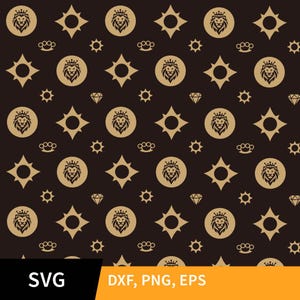 May include: A repeating pattern on a dark brown background featuring gold-coloured lion head medallions, starbursts, brass knuckles, diamonds, and small star shapes. The bottom left corner has the word "SVG" in a black rectangle, and the bottom right corner has "DXF, PNG, EPS" in an orange rectangle.