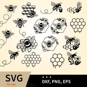 May include: A collection of black and white bee-themed digital design elements in SVG format. Features bee illustrations, honeycomb patterns, and floral designs. The image also includes the text "SVG File Type" and "DXF, PNG, EPS".