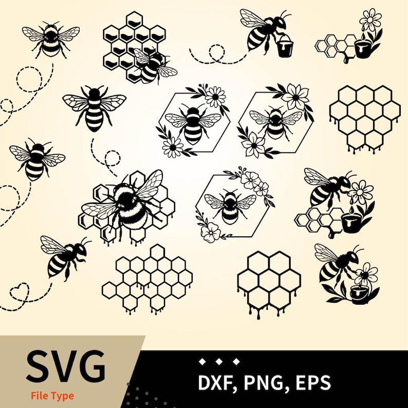May include: Black and white bee-themed SVG digital design elements. Includes various bee illustrations, honeycomb patterns, and floral accents. The image also includes the text "SVG File Type" and "DXF, PNG, EPS".