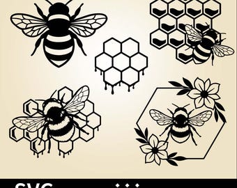 蜂のSVGバンドル、ハニカム、花柄（デジタルダウンロード）
