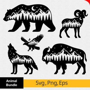 Forest Animal Svg Bundle | Bear in Trees & Jungle Wildlife Silhouettes | SVG, PNG, EPS,  Cut Files