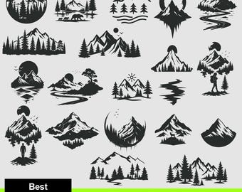 山のバンドル SVG、幅広い自然風景のシルエット、山脈のクリップ アート、商用利用、即時ダウンロード。