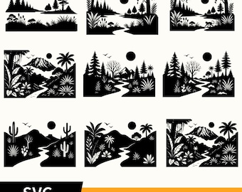 森林風景 SVG バンドル、自然冒険シーン (デジタルダウンロード)