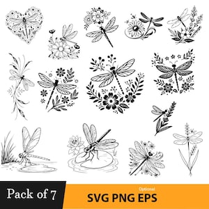 May include: A collection of seven black and white dragonfly designs. The dragonflies are surrounded by flowers, leaves, and other decorative elements. The text "Pack of 7" and "SVG PNG EPS" are also present.