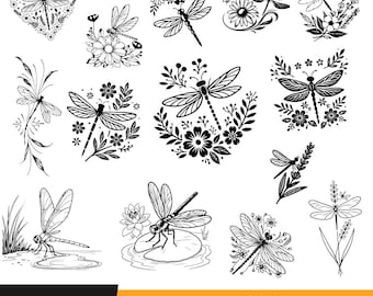 Libelle SVG Bundle, Libelle PNG, Libelle Clipart, Libelle Silhouette, Retro Blume SVG, Libelle Schnittdatei digitaler Download