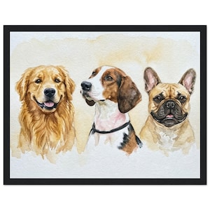 Op de afbeelding: Ingelijste aquarel schildering met drie hondenrassen: een golden retriever, een beagle en een Franse bulldog. De honden zijn geschilderd in een realistische stijl met gedetailleerde vacht en uitdrukkingen. Geschikt voor interieurdecoratie.