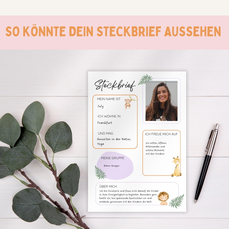 May include: A white and beige personalized information sheet with the text "SO K&Ouml;NNTE DEIN STECKBRIEF AUSSEHEN" at the top. The sheet includes a photo, text fields, and illustrations of a monkey, giraffe, and lion.