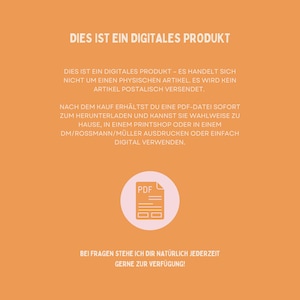 May include: An orange background with white text and a PDF icon. The text reads "DIES IST EIN DIGITALES PRODUKT" and explains the digital product details. It also states that no physical item will be shipped.