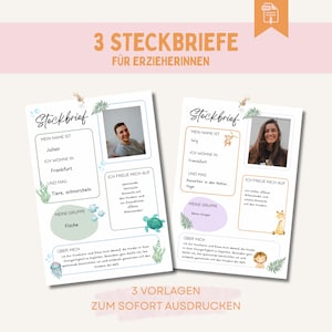 May include: Two printable profile templates for educators, featuring space for photos and personal details. The designs include decorative elements like sea creatures and tropical leaves, with German text. The templates are designed for immediate download and printing.