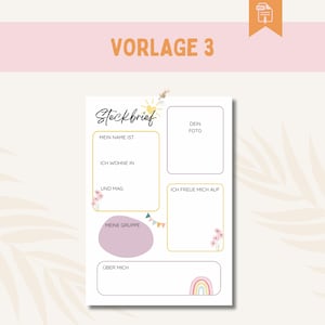 May include: A printable template with the title "VORLAGE 3" at the top. The template includes sections for personal information, such as name, photo, and interests. The design incorporates pastel colors, floral accents, and a rainbow illustration.