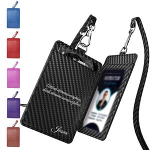 Porte-cartes d'identité personnalisé en fibre de carbone avec lanière, porte-badge noir avec poche arrière privée