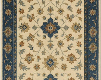 Traditional Ivory Blue Floral Area Rug | Vintage Medallion Carpet | Persian Style Living Room Rug