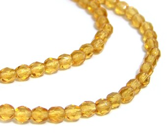Czech Glass Beads, faceted, 4mm honey yellow, Full Bead Strand (512F)