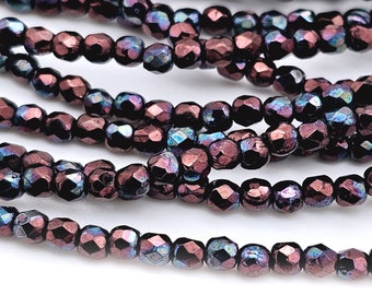 3mm Czech Glass beads. small faceted fire-polished beads. color: Metallic Amethyst Aurora Luster (1437F)