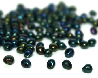 gunmetal green glass teardrop beads, 4mm fringe seed beads   (719SB)