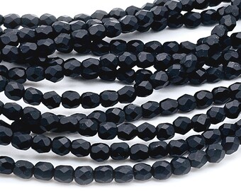 4mm Czech Glass beads. small faceted fire polished beads. color: Matte Jet Black  (1441F)