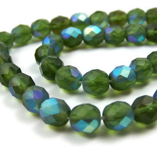 Faceted green glass beads, 8mm with aurora borealis finish, Czech fire polished glass, full & half strands available  (170G)