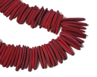 Red Wood spike beads, top drilled coconut palm sticks, tribal rustic, full strand (1090R)