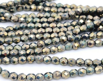 4mm Czech Glass beads. faceted fire polished bead. color: Turquoise with Bronze Picasso Finish  (1439F)