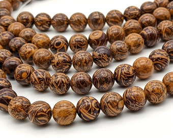 Calligraphy Stone beads, 8mm round brown fossil gemstone, Elephant Skin Jasper, Chrysanthemum Stone  (1247S)