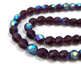 Czech glass beads, 8mm Purple Matte faceted Aurora Boralis,full & half strands available  (326F)