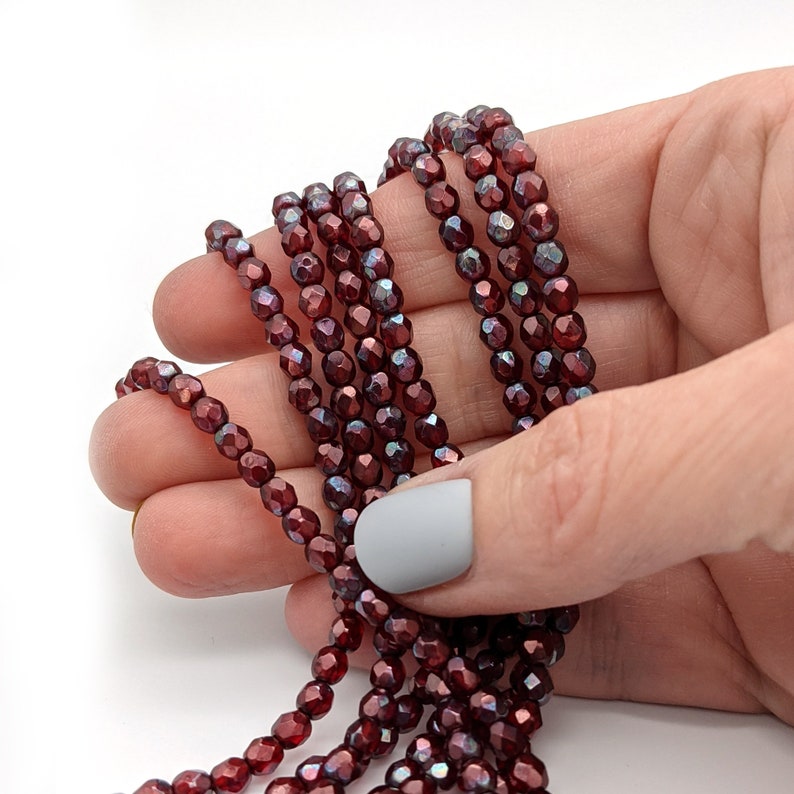 4mm Czech Glass beads. small faceted fire polished beads. color: Siam Ruby Red with Vega Picasso 1414F image 2