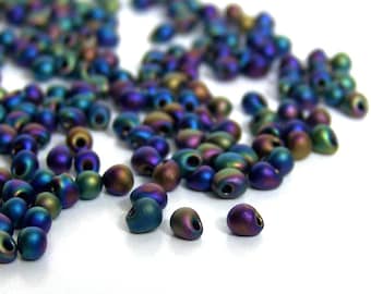 4mm Fringe seed beads, black rainbow matte glass teardrop  (683SB)