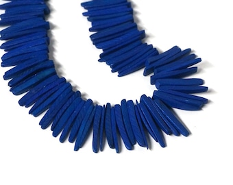 Bright Blue Wood spike beads, top drilled coconut palm sticks, full strand (1143R)