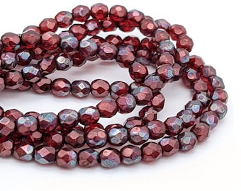 4mm Czech Glass beads. small faceted fire polished beads. color: Siam Ruby Red with Vega Picasso  (1414F)