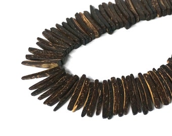 Coconut Wood stick beads, top drilled natural dark brown coconut palm spikes, tribal rustic, full strand (1152R)