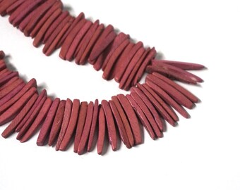 coconut palm wood spike beads, dark pink top drilled sticks, full strand (655R)