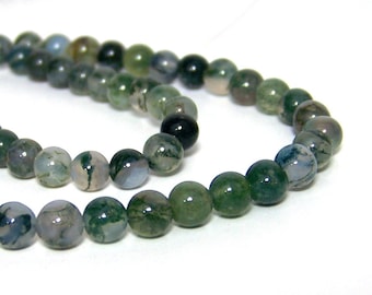 Moss Agate beads, 6mm round natural green gemstone (659S)