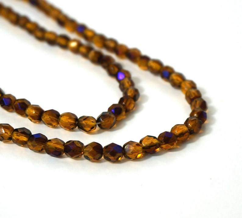 Faceted glass beads, 6mm amber yellow with blue iris finish, Czech Fire Polished Glass 836F image 3