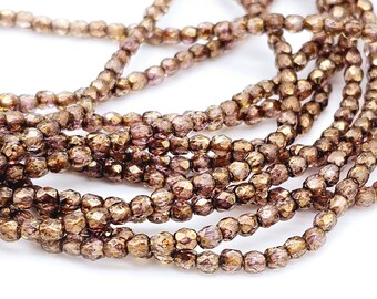 3mm Faceted Czech Glass Beads, pink with copper luster, FULL bead strand (1406F)