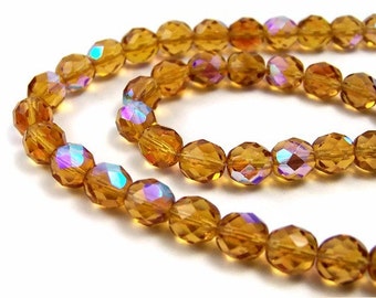 Czech glass beads, 8mm faceted round, Honey Yellow with Aurora Borealis, Full & Half strands available  (167F)
