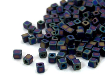 4mm Miyuki Cubes, square glass beads, black rainbow matte,  200 beads  (439SB)