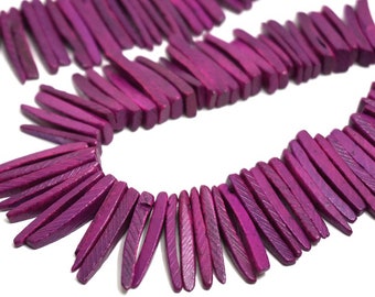 Palm Wood spike beads, top drilled coconut palm sticks, magenta purple, full strand (951R)