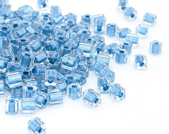 4mm square glass beads,  clear with metallic light blue color lined hole, Miyuki cubes, 200 beads 1378SB