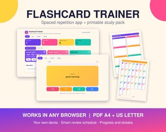 Flashcard Trainer Spaced Repetition App, Study Flashcards Maker, Leitner Box Tracker, Printable Flashcards for Students, Exam Prep