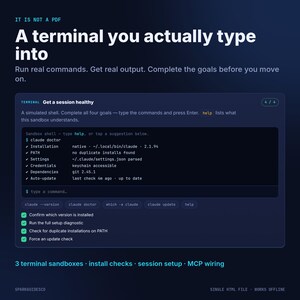 May include: A dark blue digital interface displaying a terminal sandbox with the text 'A terminal you actually type into'. The screen shows a command line environment with a 'claude doctor' diagnostic report, interactive buttons, and a list of four completed goals.
