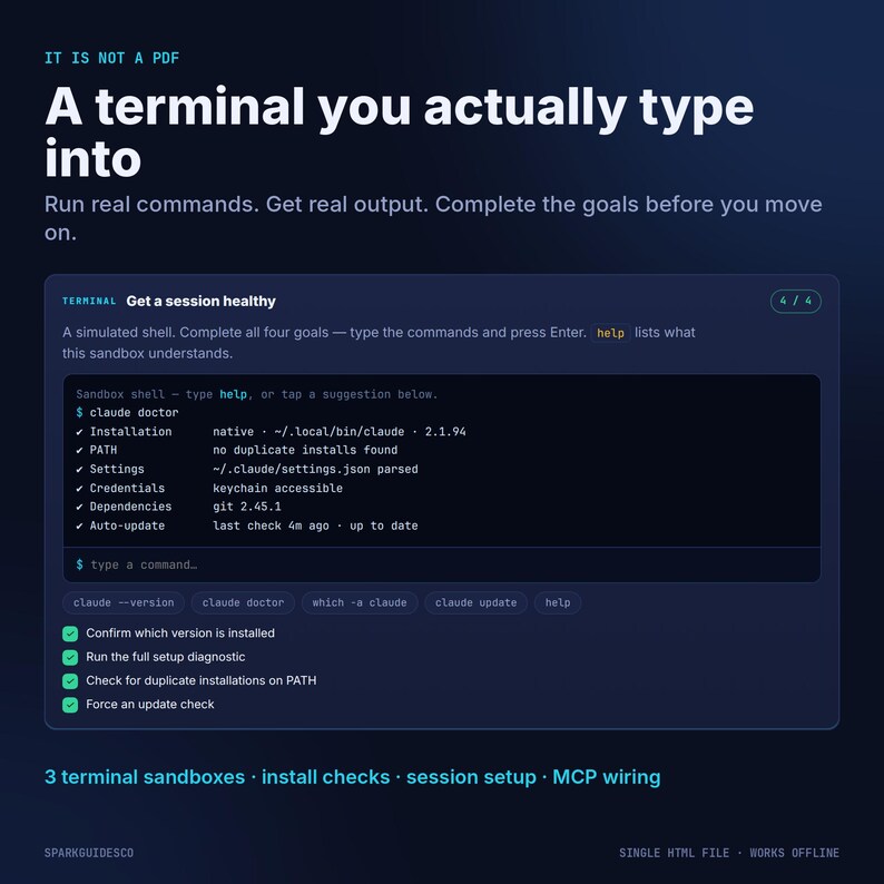 May include: A dark blue digital interface displaying a terminal sandbox with the text 'A terminal you actually type into'. The screen shows a command line environment with a 'claude doctor' diagnostic report, interactive buttons, and a list of four completed goals.