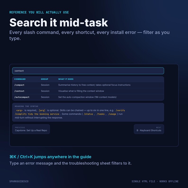 May include: A dark blue digital interface guide titled Search it mid-task. It features a search bar, a command table listing /compact, /context, and /autocompact, and a syntax section. Bottom text indicates Cmd+K or Ctrl+K for navigation.