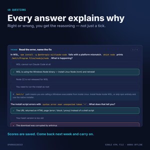 May include: A dark blue educational interface titled 48 QUESTIONS, featuring technical troubleshooting scenarios. It displays multiple-choice programming questions about WSL, Node.js, and shell script errors, with highlighted correct answers and detailed explanations.