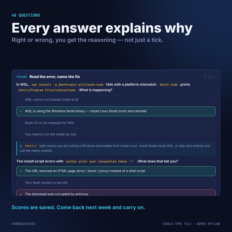 May include: A dark blue educational interface titled 48 QUESTIONS, featuring technical troubleshooting scenarios. It displays multiple-choice programming questions about WSL, Node.js, and shell script errors, with highlighted correct answers and detailed explanations.