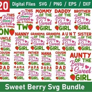 以下が含まれることがあります： 20個のSVG、PNG、EPS、DXFファイルを含むデジタルファイルバンドル。デザインは、ピンク、赤、緑のテキストとイチゴのグラフィックが特徴です。「Sweet Girl」や「ママ」、「パパ」、「おばさん」などの家族のタイトルが含まれています。