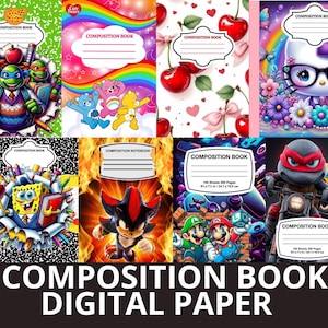 May include: A collection of composition notebooks with various designs. The notebooks feature characters like the Teenage Mutant Ninja Turtles, Care Bears, Hello Kitty, and SpongeBob SquarePants. Each notebook has a blank label for the owner's name.