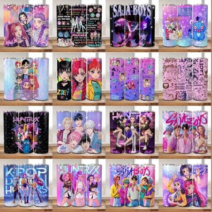 May include: Collection of colorful, patterned tumblers featuring various designs. The tumblers showcase anime-style characters, band members, and graphic text. The designs include vibrant colors and detailed illustrations, perfect for beverage enjoyment.