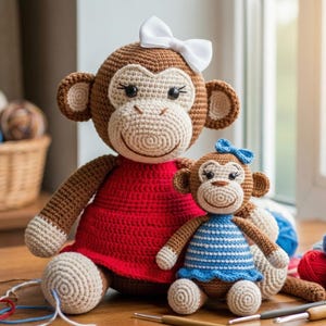 Op de afbeelding: Twee handgemaakte gehaakte apenpoppen. De grotere aap draagt een rode jurk en een witte strik. De kleinere aap draagt een blauw-wit gestreepte jurk en een blauwe strik. De poppen zijn bruin, beige en wit.