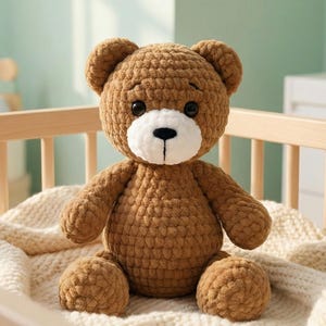 Può includere: Un orsacchiotto all'uncinetto marrone fatto a mano con muso bianco e occhi neri è seduto su una coperta color crema all'interno di una culla di legno. L'orso ha una testa rotonda, piccole orecchie e un naso cucito.